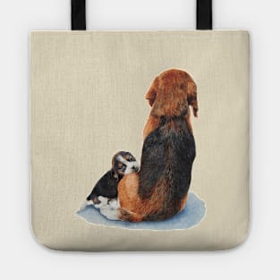 cute puppy beagle cuddling mum dog Tote