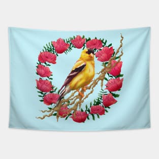 American Goldfinch Head Bird on Pink Flowers Tapestry