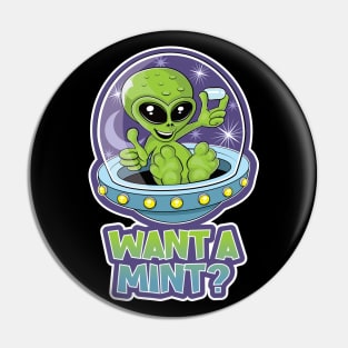 Cute alien in a flying saucer offering mints design Pin