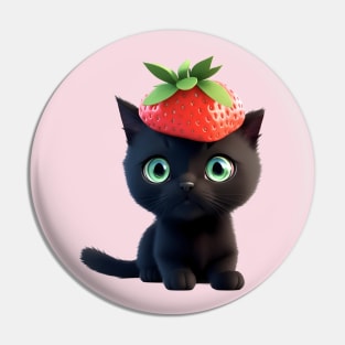 Cute black kitten with strawberry hat Pin