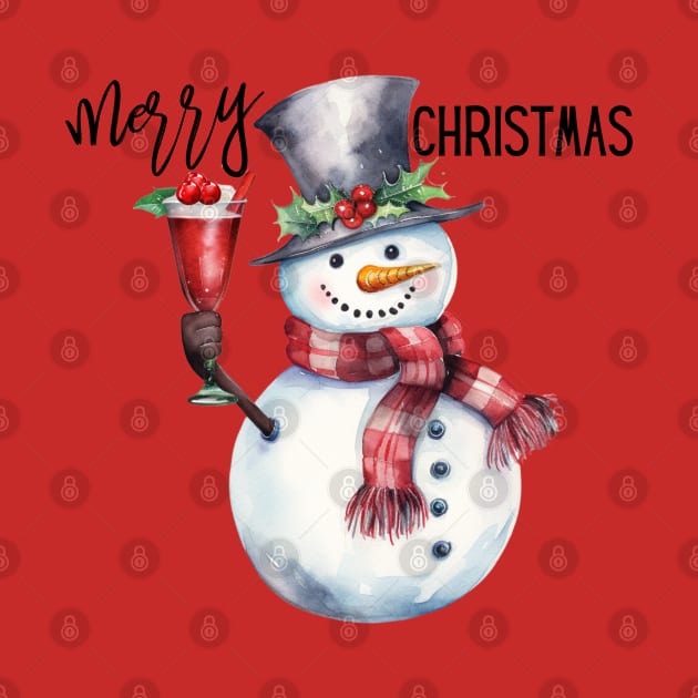 Cute Snowman in Red Scarf Holding a Christmas Drink with Berries by mw1designsart
