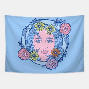 Pale Blue Floral Pink Woman Tapestry