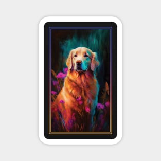 Golden Retriever Dog Vibrant Tropical Flower Tall Digital Oil Painting Portrait 4 Magnet