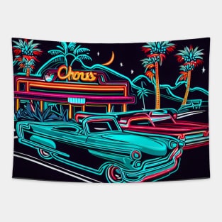 A design that captures the spirit of a classic American road trip from the 1950s or 60s, with vintage cars, neon signs, and roadside attractions. Tapestry