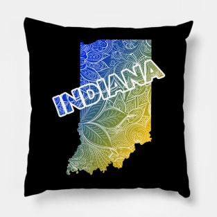 Colorful mandala art map of Indiana with text in blue and yellow Pillow