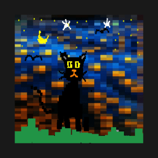 Pixel Night Cat Design on Black Background T-Shirt