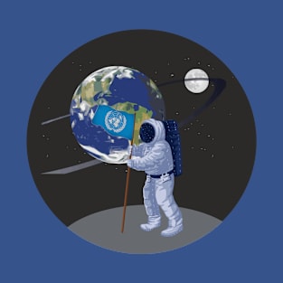 Spaceman placing flag on planet in our Galaxy, T-Shirt