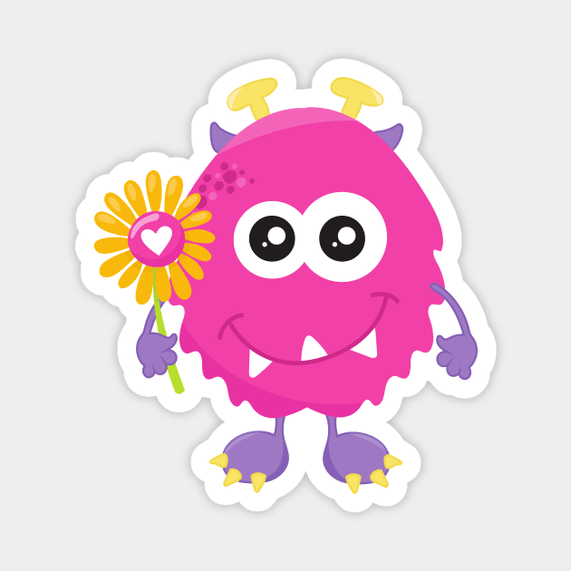 Spring Monster, Pink Monster, Flowers, Horns Magnet by Jelena Dunčević