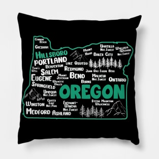 Cute map of Hillsboro Oregon, Portland, Salem, Eugene, Springfield, Bend, Ontario, Medford Pillow