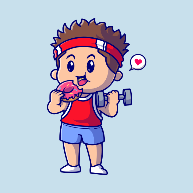 Cute Boy Lifting Barbell And Eating Doughnut Cartoon by Catalyst Labs