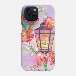 Old streetlight with tropical flowers decoration. Fairy spring garden watercolor illustration. Enchanted romantic scenery Phone Case