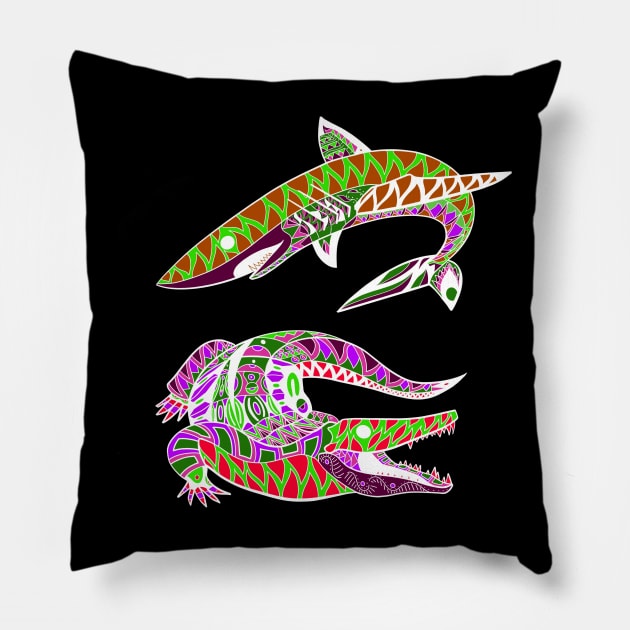 shark and alligator attack ecopop tribal totonac pattern art Pillow by jorge_lebeau