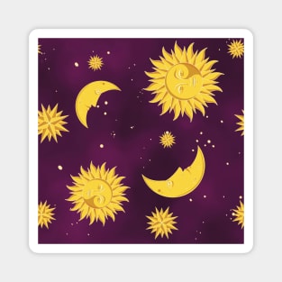 Sun moon stars purple pattern aesthetic witchcore whimsigothic retro Magnet