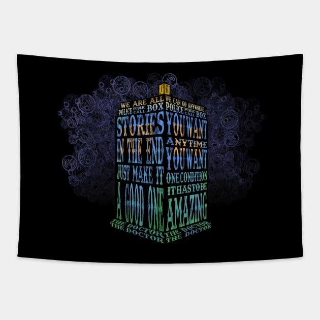 Doctor who blue phone booth quotes typography Tapestry by Dezigner007