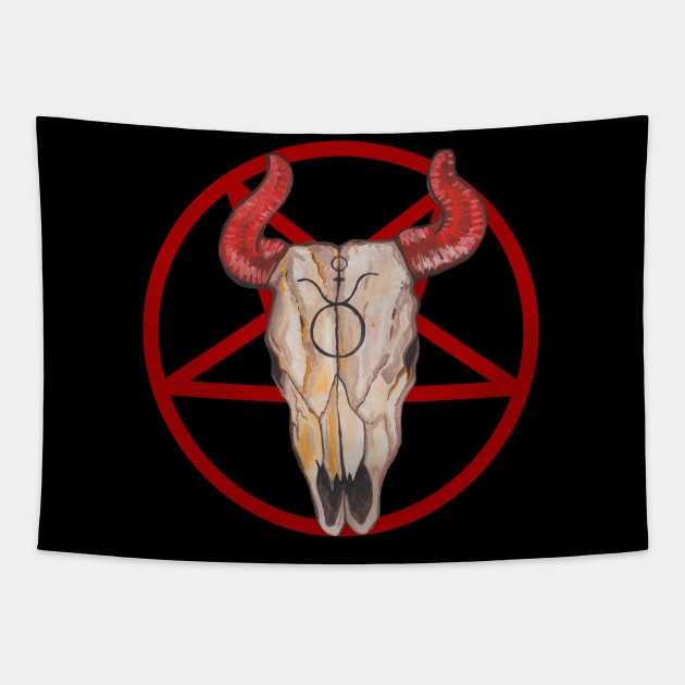 Cowskull red satanism pentagram Tapestry by deadblackpony