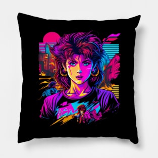 Retro 80s Japanese Manga Girl Synthwave Pillow