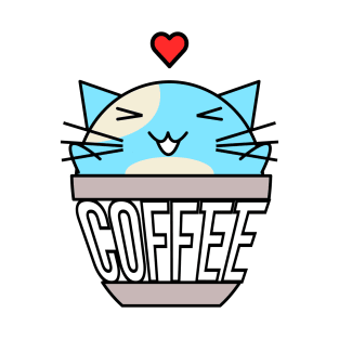 Happy cat in coffee cup with warped text heart on head blue T-Shirt