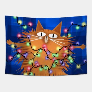 Ginger Cat Entangled by Christmas Tree Lights Tapestry