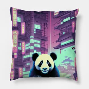 Cute Panda In Futuristic Cyberpunk City Pillow