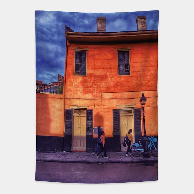 Sunny Days and Blue Skies on a New Orleans French Quarter Street with Orange Iconic Architecture and Nola People Walking in Southern Louisiana Tapestry by Little Shop of Nola