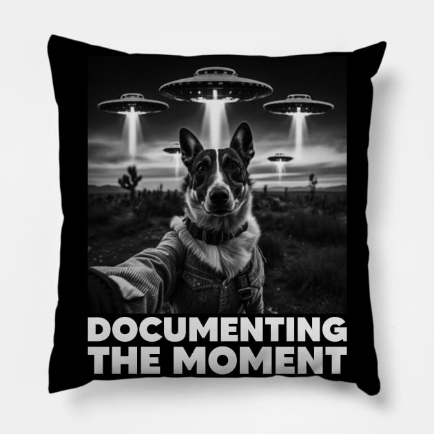 Selfie of Dog And Aliens UFO - 2, Documenting The Moment, Funny Dog Pillow by Megadorim