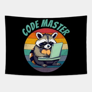 Cute programming raccoon coding. Funny programmer gift. Tapestry