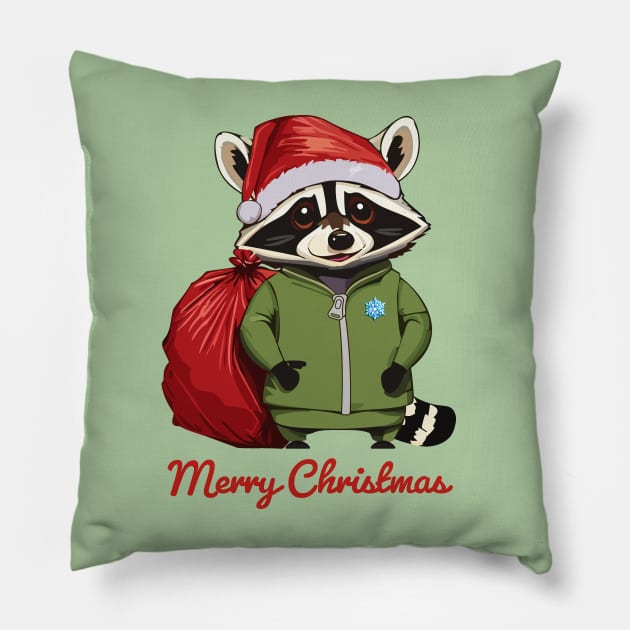 Merry Christmas - Raccoon, AKA a Trash Panda, Dressed as Santa Claus Pillow by RS