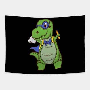 cartoon illustration design dinosaur carrying a pencil book bag wearing a superhero mask and wings Tapestry