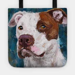 A Painting of a White and Brown Pit Bull Tote