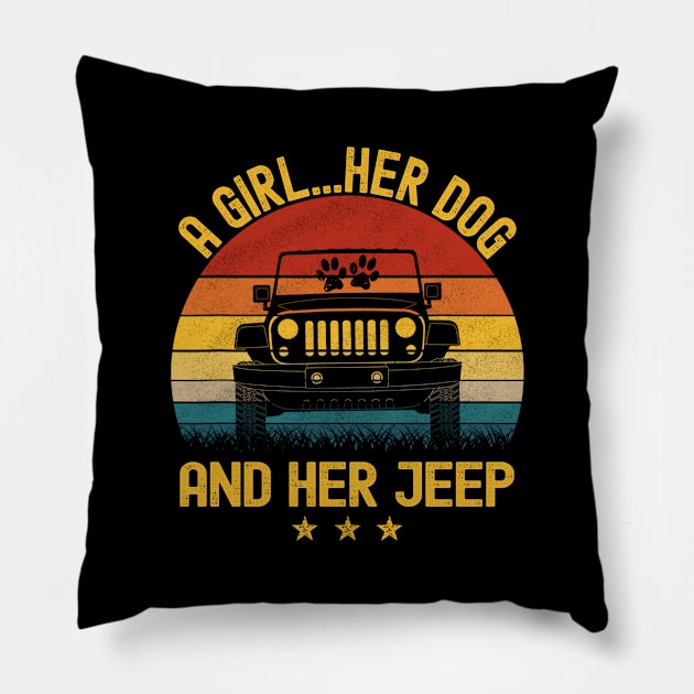 A Girl Her Dog And Her Jeep Vintage Jeep Jeeps Lover Pillow by Jane Sky