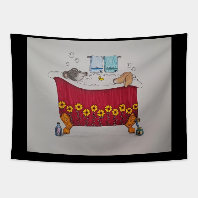 Doggy bath time Tapestry by Waterink Studio