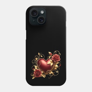 Valentines Day Red Heart, Red Roses, Golden Vines - Dark Phone Case