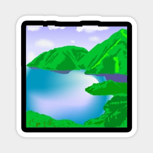 green mountain and blue lake Magnet