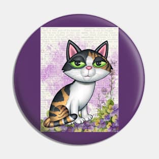 Cute Calico Kitty with purple and yellow flowers Pin