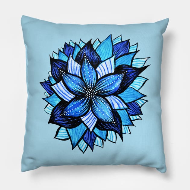 Beautiful Abstract Blue Flower Ink Drawing Pillow by Boriana Giormova