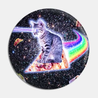 Laser Eyes Space Cat Riding Rainbow Pizza Pin