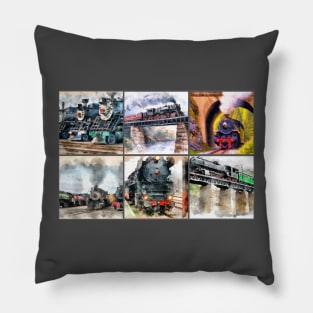 Steam Locomotive Watercolor Collage Pillow