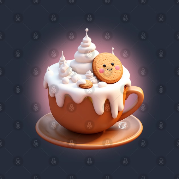 Cute Kawaii cookie in a foamy creamy coffee with Winter Wonderland vibe by Violet77 Studio