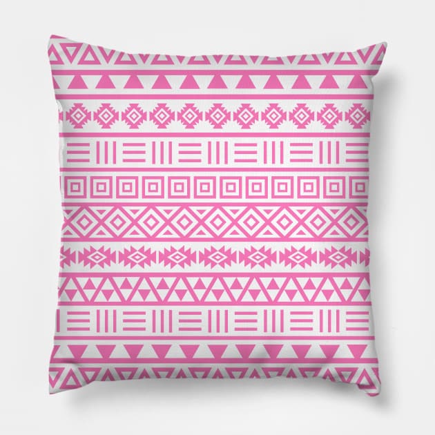 Aztec Influence Pattern Pink on White Pillow by NataliePaskell