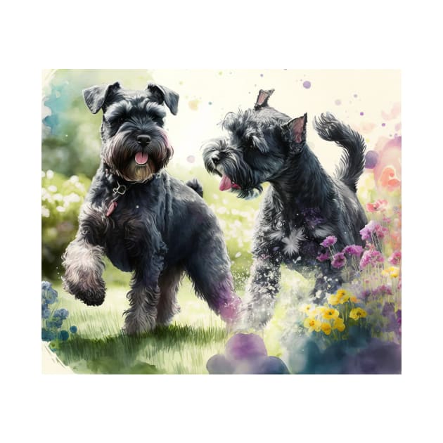 Two Black Miniature Schnauzers Playing Watercolour Painting by TheArtfulAI