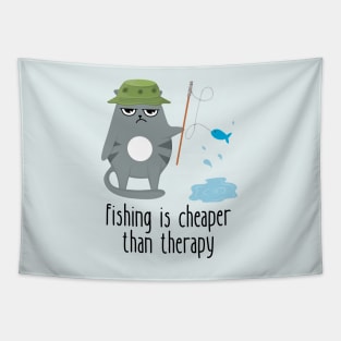 Fishing Is Cheaper Than Therapy Funny Cat Tapestry