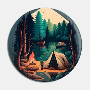 Camping Adventure in the Forest Lake, Fishing Pin