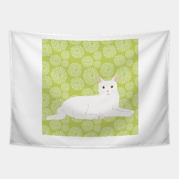 The cute and alert white cat is waiting and watching you in a fresh spring green meadow Tapestry by marina63