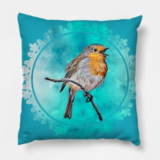 Lovely Robin Bird Drawing with Turquoise Background Pillow