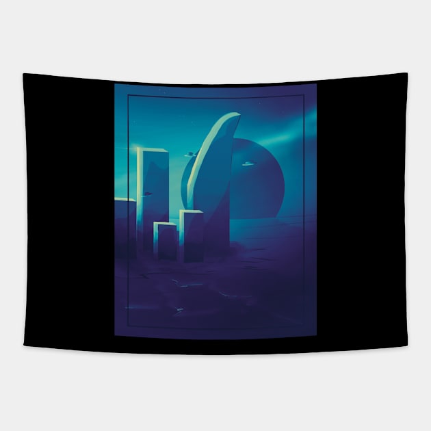 Travel To Another Place: Cyberpunk Retro Sci-Fi Planet Tapestry by SkullFern