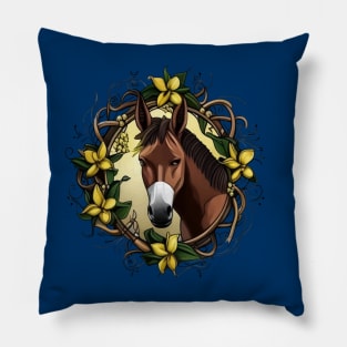 Mule Surrounded By A Wreath Of Yellow jessamine Tattoo Style Art Pillow