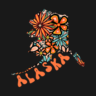 Alaska State Design | Artist Designed Illustration Featuring Alaska State Outline Filled With Retro Flowers with Retro Hand-Lettering T-Shirt