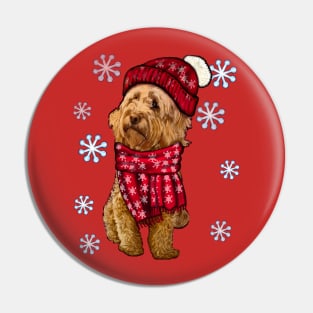 Cavapoo Cavoodle in festive red winter hat and scarf with snowflakes - cute cavalier king charles spaniel snug in a snowflake themed scarf Pin