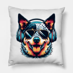 Australian Cattle Dog Smiling DJ with Headphones Pillow