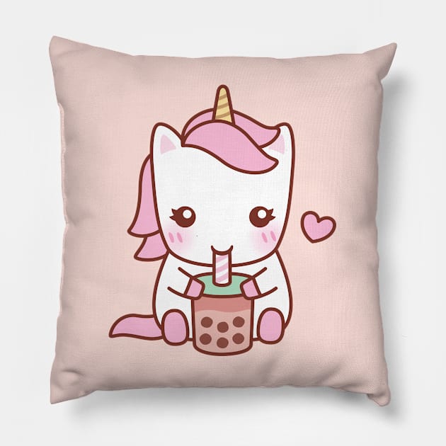 Cute Unicorn Loves Drinking Bubble Tea Pillow by rustydoodle